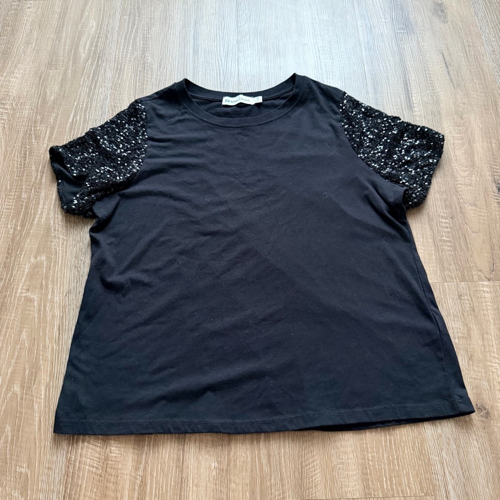 Rebecca Minkoff Short‎ Sleeve Top with Sequin Sleeves Womens 1x Black